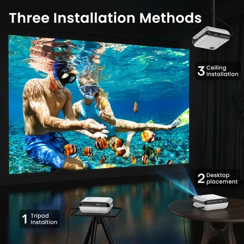 Vista 8 de HAPPRUN Native - Mini proyector Bluetooth 1080P, proyector de películas portátil Full HD para exteriores con altavoz integrado, compatible