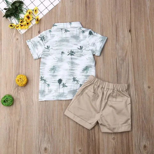 Vista 3 de Conjunto de camisa de manga corta con botones y pantalones cortos casuales con diseño de flamingo, para bebés y niños de 1 a 6 años, atuendos