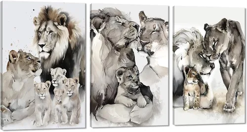 Vista 40 de 3 piezas modernas de lienzo de león de animales salvajes, pinturas de retratos de familia de leones, decoración de pared, obras de arte de sala