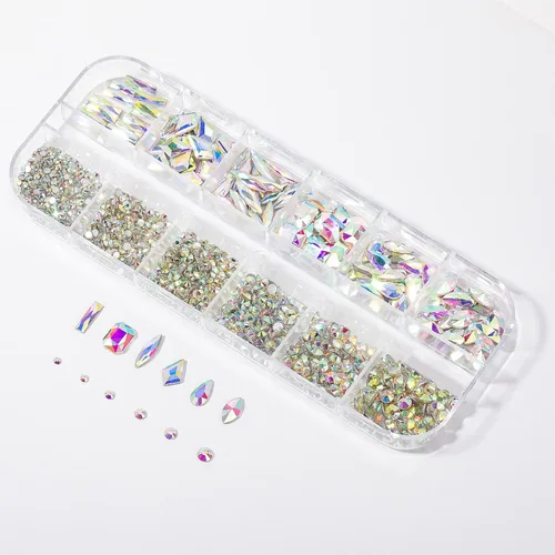 Vista 5 de Kit de diamantes de imitación para uñas, 1500 piezas de diamantes de imitación redondos con parte trasera plana, gemas de uñas AB multiformas, 0.3
