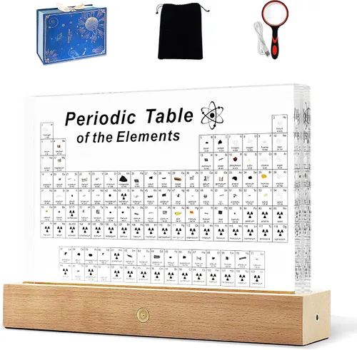 Vista 8 de BEWITU Tabla periódica con elementos reales en el interior, tabla periódica acrílica 3D de elementos con soporte de madera LED inalámbrico, regalos