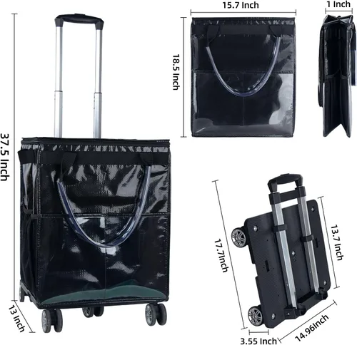 Vista 3 de Bolsas de comestibles reutilizables sobre ruedas, bolsa de asas con ruedas, carrito de compras portátil para comestibles con ruedas y bolsa con Negro