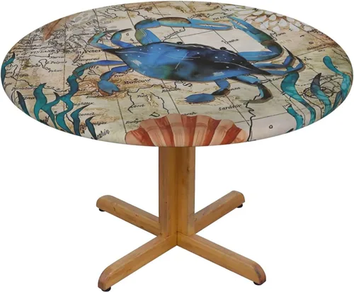 Vista 2 de Mantel ajustable con temática náutica con diseño de cangrejo, mapa de vida costero azul del océano, borde elástico, cubierta impermeable y lavable