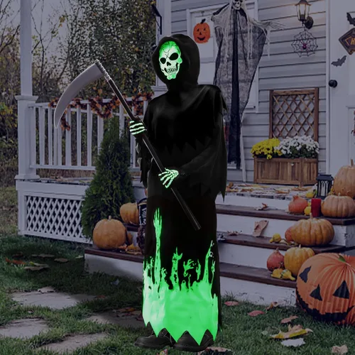 Vista 5 de Kitimi Disfraz de Halloween que brilla en la oscuridad para niños y niños, disfraz de fantasma aterrador de Halloween con guadaña y guantes