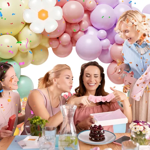 Vista 7 de Kit de guirnalda de arco de globos de margarita, kit de arco de globos de arcoíris pastel de 136 piezas, globos de cumpleaños, flores blancas Rosa