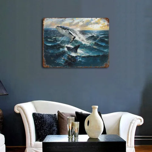Vista 3 de Zomyto Letrero de metal retro con diseño de ballena de baño, letrero de aluminio, tema de vida marina, regalos para océano, vintage, baño, cueva