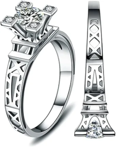 Vista 2 de Anillo de oro blanco estilo solitario Torre Eiffel con AAA redondo cúbico de cristal de circón de boda anillo de compromiso joyería de moda