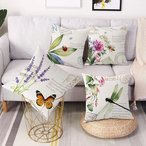 Vista 2 de Juego de 4 fundas impermeables para cojín de primavera, uso al aire libre, de 18 x 18 pulgadas, con diseño de mariposa, libélula, mariquita y abeja