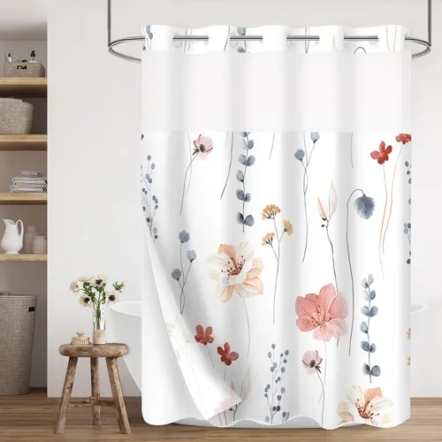 Vista 10 de Gibelle Juego de cortina de ducha pequeña sin gancho con forro de tela a presión, 36 x 74 pulgadas, cortina de ducha de flores azules y beige