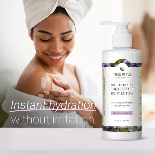 Vista 2 de Tree to Tub Loción corporal de manteca de karité de lavanda para piel seca y piel sensible, lavado facial para piel seca, loción hidratante