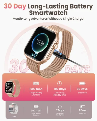 Vista 2 de Relojes inteligentes para mujer, 1.85 pulgadas, llamadas, batería 30 días, monitor 24/7 de frecuencia cardíaca, sueño y SpO2, 120 modos, IP68