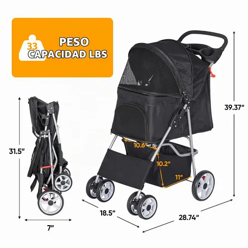 Vista 7 de Cochecito plegable para perros de 4 ruedas para gatos pequeños y medianos, cachorros, portátil, para viajes, campamento, con cesta de Negro