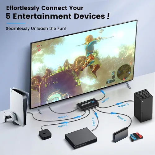 Vista 2 de [Actualización] NEWCARE 4K @60Hz HDMI Switch 5 en 1 salida con cable de carga tipo C, conmutador HDMI con control remoto IR, caja selectora HDMI
