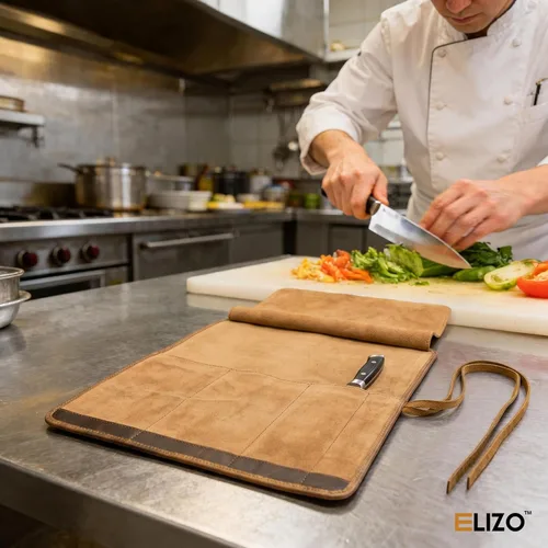 Vista 7 de ELIZO Bolsa de rollo para cuchillos de cuero, estuche para cuchillos de chef profesional, funda duradera para cuchillos, almacenamiento portátil