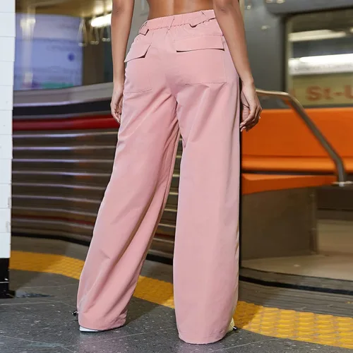 Vista 4 de Woman Y2k Cargo Pants Casual Solid Pants Button Waist Straight Pants Loose Womans Palazzo Pant with Stereoscopic Pocket