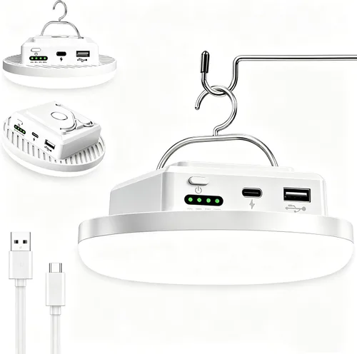 Vista 6 de Linterna LED recargable para campamento, 5000 mAh, 2000 lúmenes, 20 W, luz de campamento portátil, lámpara colgante magnética con carga rápida, 4
