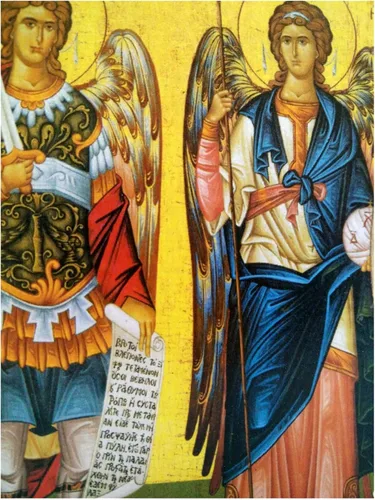 Vista 4 de Icono de madera griego ortodoxo cristiano hecho a mano Athos Monte Athos de Arcángeles Miguel y Gabriel/Mp4