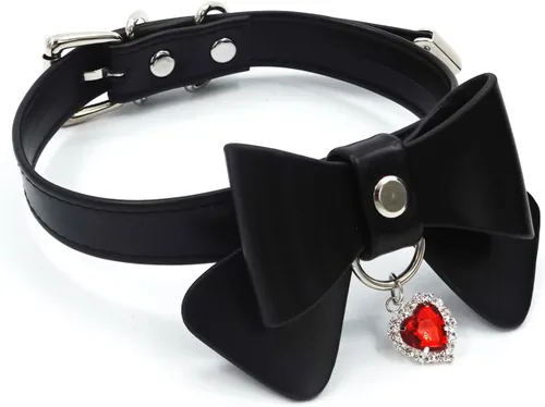 Vista 2 de Gargantilla de cuero para mujer con diamantes de imitación en forma de corazón, collar de lazo de gatito lindo ajustable para niñas