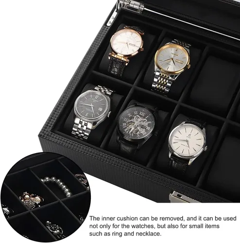 Vista 4 de anyasun Organizador de reloj para hombre, caja de reloj de 12 ranuras para mujer con tapa de vidrio grande, soporte para reloj con almohadas