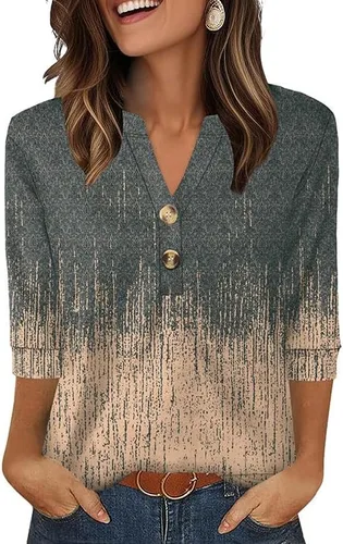 Vista 11 de OFEEFAN - Camisetas de manga 3/4 estilo Henley para mujer, blusas de moda de otoño 2025, atuendos escolares para maestras Raya