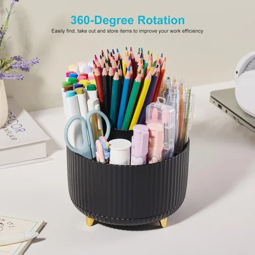 Vista 2 de Organizador de escritorio para lápices y bolígrafos, 5 ranuras, rotación de 360 grados, organizadores de escritorio para lápices y bolígrafos