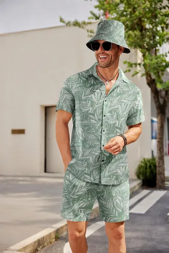 Vista 2 de COOFANDY Conjunto de camisa hawaiana y pantalón corto para hombre, traje de playa de 2 piezas con sombreros de pescador