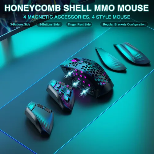 Vista 7 de SOLAKAKA SM809 Pro - Mouse para juegos con 9 botones laterales, mouse RGB de 24000 DPI para jugadores, 16 macros programables MMO, color negro