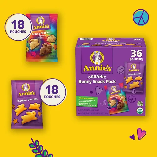 Vista 6 de Annie's Organic, Paquete Variado de Aperitivos, Cheddar Bunnies y Bunny Grahams, 1 oz, 36