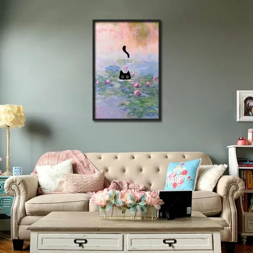 Vista 4 de Arte de pared divertido enmarcado de gato Monet Waterlily Cat Poster para habitación decoración estética, lindas imágenes de gato negro, impresiones