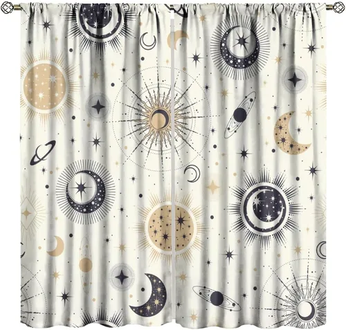 Vista 33 de Cortinas opacas con diseño de sol y luna, cuerpos celestes bohemios, con diseño de sol, luna y estrellas, para sala de estar, dormitorio, 42 x 45