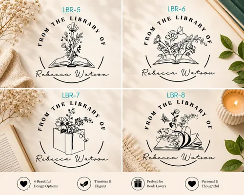 Vista 6 de Estampadora de libro personalizada de la biblioteca de Ex Libris Selladora floral Sellos de biblioteca personalizados Mango de madera