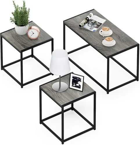 Vista 25 de Furinno Simplistic - Juego de 3 mesas auxiliares y mesa auxiliar, con marco de metal moderno de 2 niveles y 2 mesas auxiliares cuadradas, juego