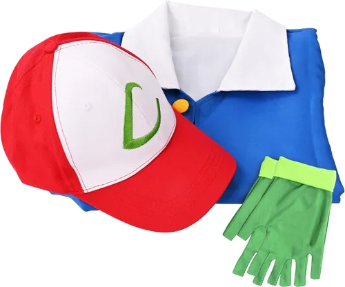 Vista 5 de PYLYFE Ash-Ketchum - Disfraz de Halloween para adultos y niños, chaqueta de entrenamiento de cosplay con sombrero y guantes