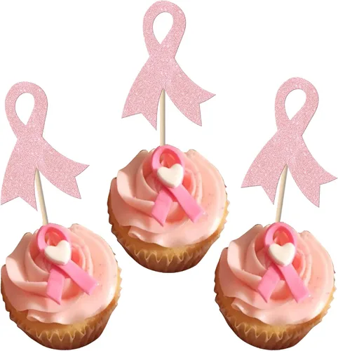 Vista 11 de Rsstarxi Paquete de 24 adornos para cupcakes con purpurina para concientización sobre el cáncer de mama, cinta rosa con purpurina para lucha contra