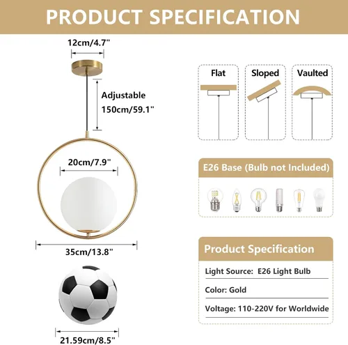 Vista 2 de KCO Lámpara colgante moderna de mediados de siglo con forma de globo grande, 1 luz de latón cepillado dorado colgante colgante de techo, lámpara