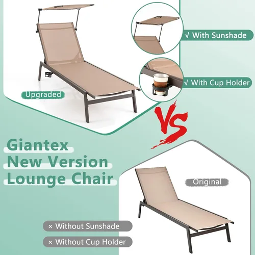 Vista 9 de COSTWAY Tumbona para exteriores con sombrilla reclinable ajustable de 6 niveles para patio trasero