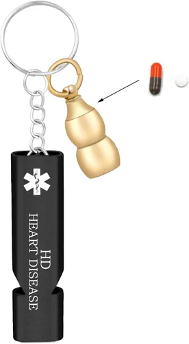 Vista 11 de Llavero médico de emergencia con silbato de seguridad fuerte y pastillero, herramienta de alerta EDC para personas mayores, adultos, uso al aire
