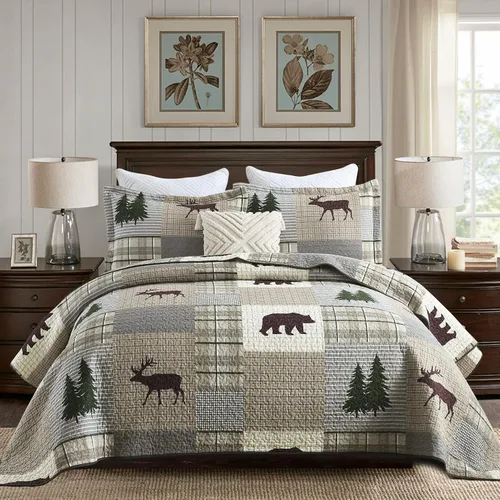 Vista 8 de Y-PLWOMEN Colchas 100% algodón tamaño Queen Farmhouse Plaid 3 piezas ropa de cama Azul y marrón