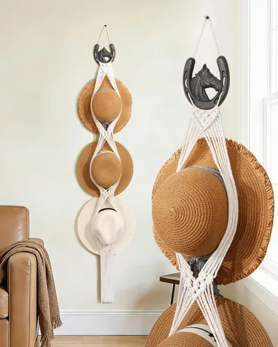 Vista 10 de Organizador de Sombreros de Macramé para Pared 15 Clips 31x53 Pulgadas Colgadores Grandes Exhibidor para Sombreros Fedora para Soporte de Sombreros
