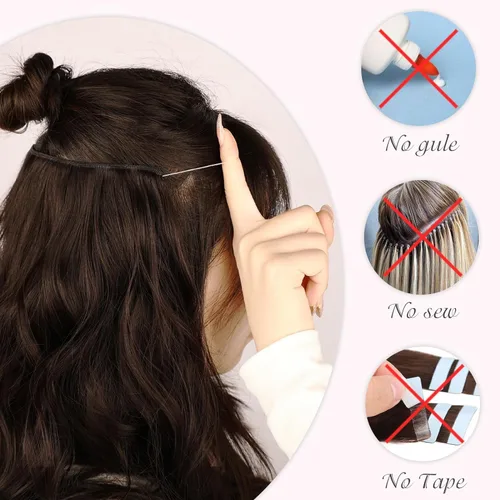 Vista 5 de Extensiones de Cabello con Alambre Invisible - Extensiones de Cabello Halo de 14 Pulgadas Largas Onduladas Postizo Sintético con Alambre