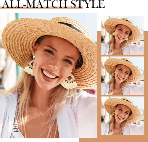 Vista 4 de Bolsos de paja tejidos de verano, bolso de mano cruzado con 4 pares de aretes, aretes de ratán bohemio para mujeres y niñas