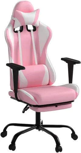 Vista 5 de Silla de oficina para videojuegos, silla de ordenador de respaldo alto, ergonómica para PC con soporte lumbar y reposapiés retráctil, de piel
