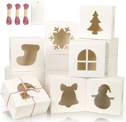 Vista 13 de 24 piezas Cajas de pastelería marrones con ventana, cajas de galletas de Navidad pequeñas de 4x4x2.5 pulgadas, cajas de regalo de Navidad