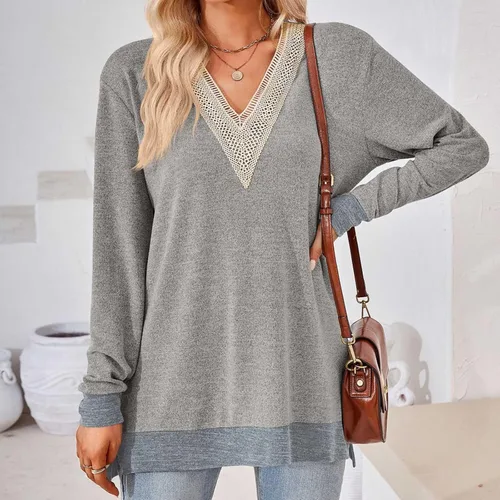 Vista 4 de Dressy Tops for Women 2023 Fall V Neck Long Sleeve T-Shirt Loose Fit Lace Trim Business Casual Split Comfy Shirts