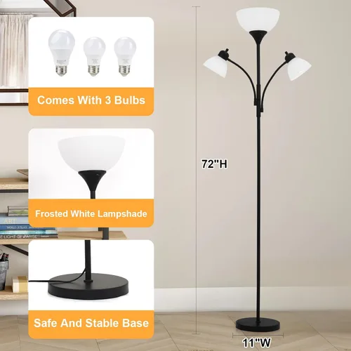 Vista 3 de Lámparas 3 en 1 para sala de estar, lámpara de pie con 2 luces de lectura ajustables, lámparas de pie con atenuación continua, 3 bombillas LED