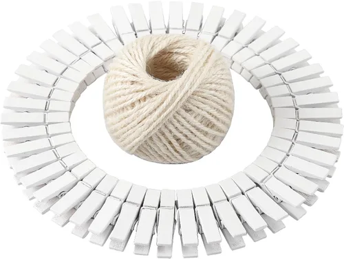 Vista 8 de HSTECH 100 piezas de mini pinzas de madera natural verde y 25 m de cuerda de yute, pinzas para ropa de bebé, pinzas de 3.5 cm para manualidades