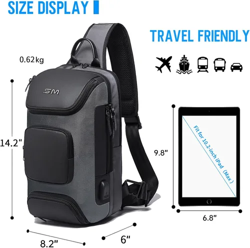 Vista 4 de SMONT Bandolera cruzada para hombre, 14.2 pulgadas, antirrobo, impermeable, con puerto de carga USB