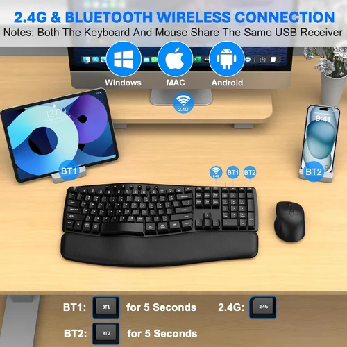 Vista 4 de Combo ergonómico de teclado inalámbrico y mouse, conexión EDJO Bluetooth/2.4G de modo dual, reposamuñecas de espuma suave, escritura silenciosa