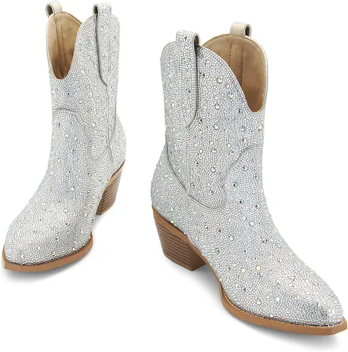Vista 3 de SOVANYOU - Botas de cowboy con tachuelas para mujer, puntera en forma de almendra, tacón de bloque brillante, botas de vaquera con tachuelas