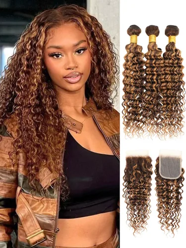 Vista 31 de Cabello Humano Rizado Castaño Rojizo, Trama Gruesa Castaño Cobrizo Rojo Coloreado Ondas Profundas Paquetes Individuales Cabello Humano 12A Tejido
